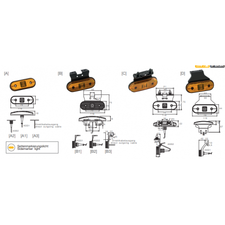 Feu de position latéral Unipoint Ambre à LED avec équerre 90°et câble