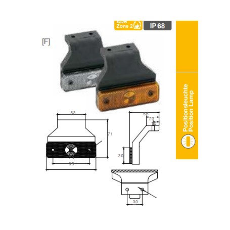 Feu de position latéral orange SUPPORT 90° TOURNE VERS L'ARRIERE + P&R