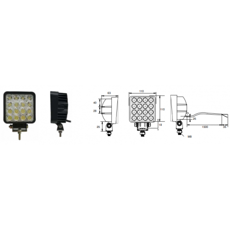 Phare de travail CARRE 16 LEDS 3500L 36W 110x110x69mm